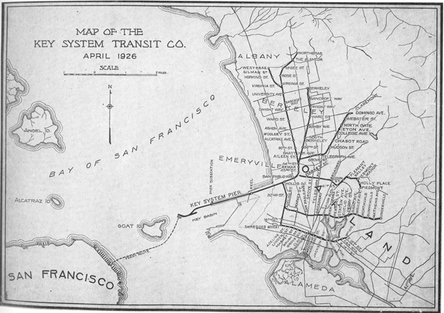 The image is a map of San Francisco, California, created by the Key System Transit Company in April 1926. The map shows the city's street layout, with the Bay of San Francisco to the west and the city's major landmarks and neighborhoods labeled. The map also includes a key to explain the symbols and abbreviations used on the map.